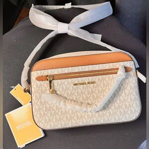 Michael Kors Cream Tan Crossbody Bag with Signature MK Pattern
